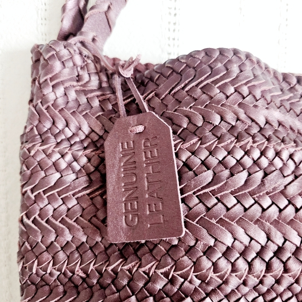 Handcrafted In India Braided Woven Leather Tote Bag Shoulder Purse Purple NWT - Picture 5 of 14